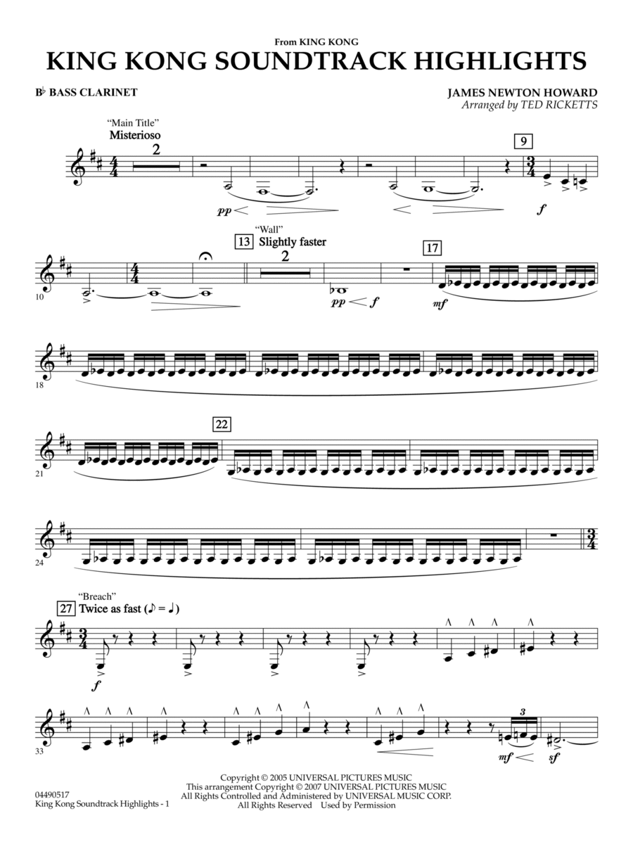 King Kong (Soundtrack Highlights) (arr. Ted Ricketts) - Bb Bass Clarinet Full Orchestra scores gallery preview page 1