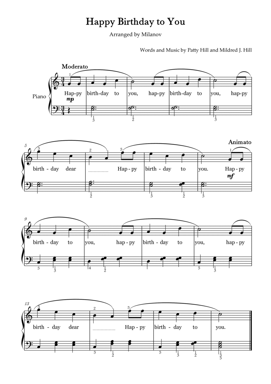 Happy Birthday to You Piano in C Easy Intermediate Fingering Lyrics Easy Piano scores gallery preview page 1