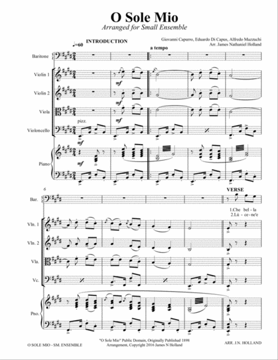 O Sole Mio Arranged for Baritone and Small Ensemble Key of E Small Ensemble scores gallery preview page 5