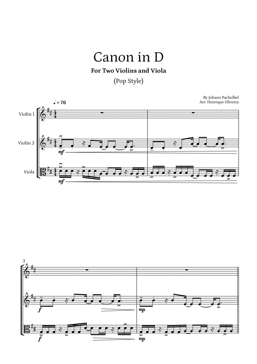 Canon in D (Pop Style) - For Two Violins and Viola image number null