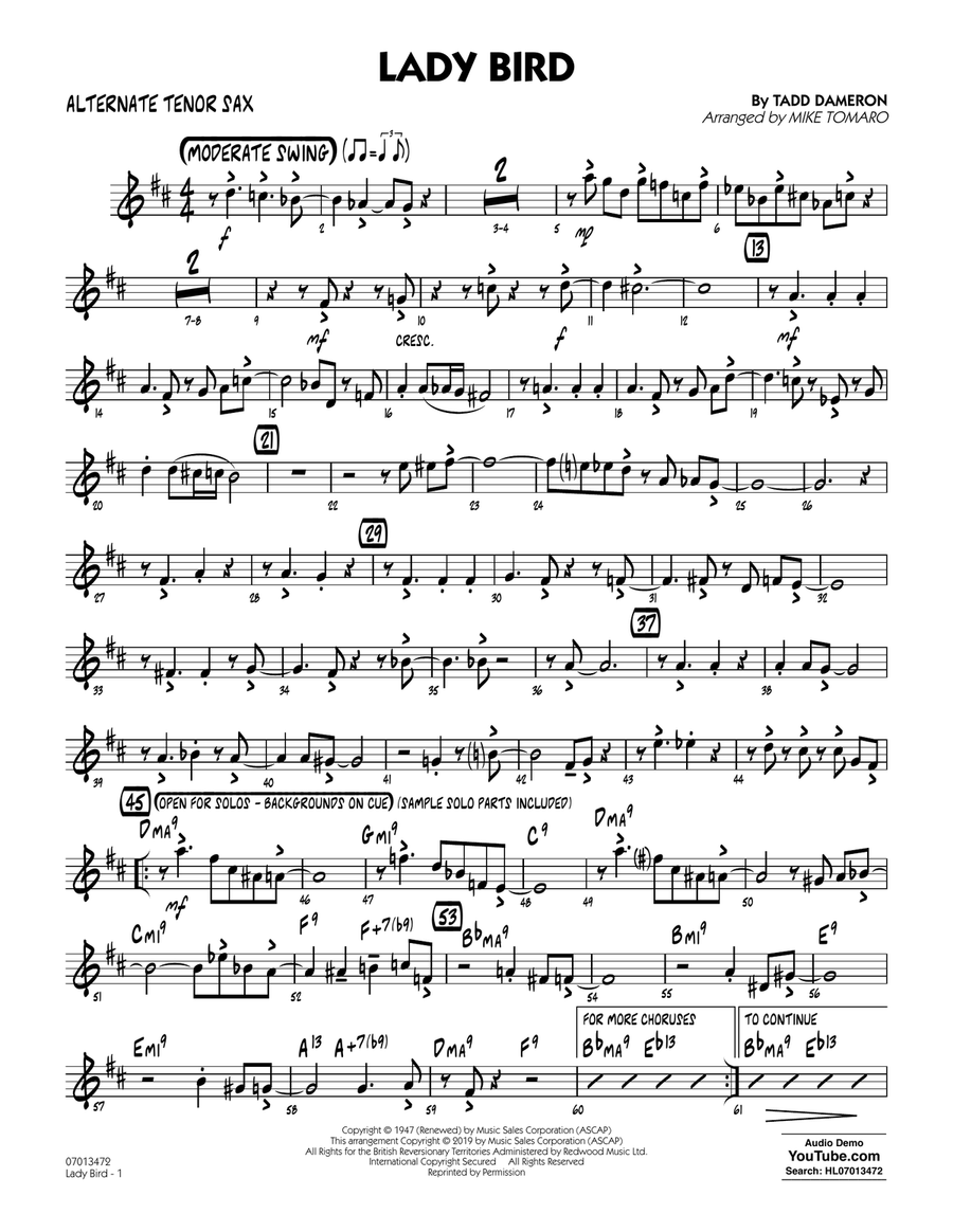 Lady Bird (arr. Mike Tomaro) - Alternate Tenor Sax