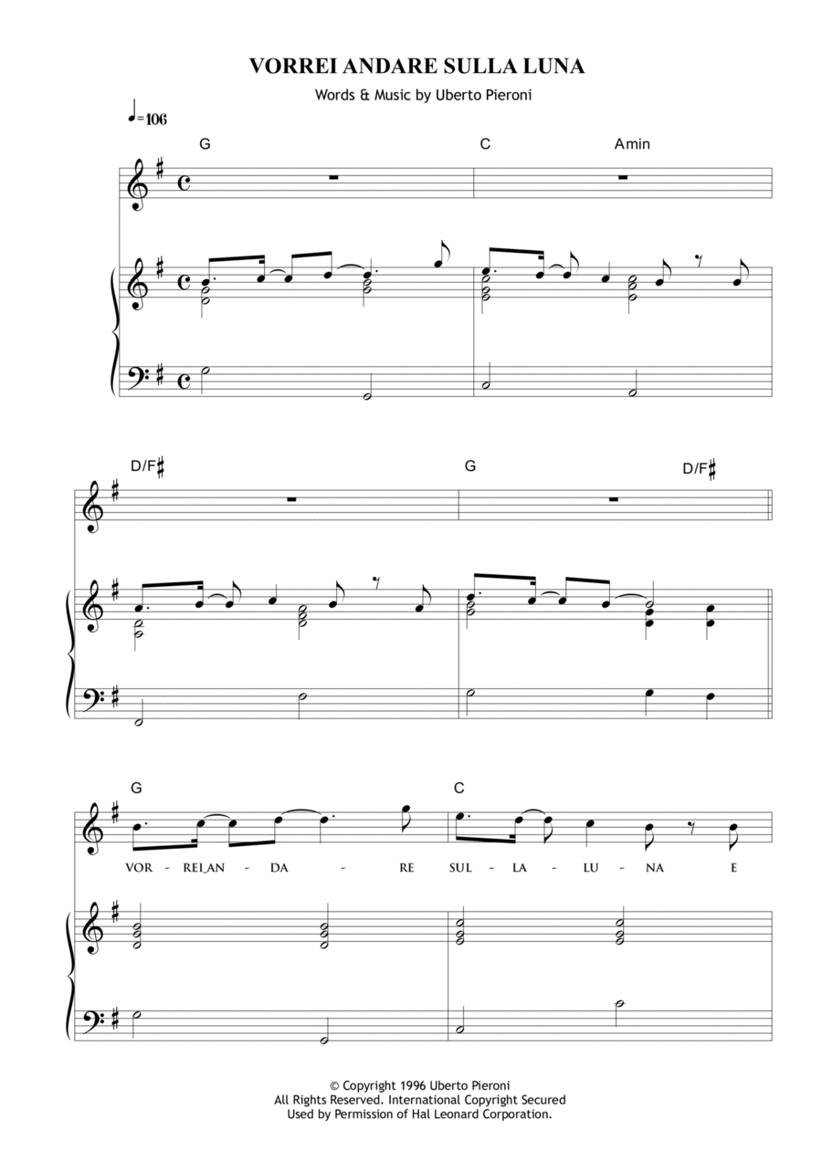 Vorrei andare sulla luna Vorrei andare sulla luna Piano, Vocal, Guitar scores gallery preview page 1