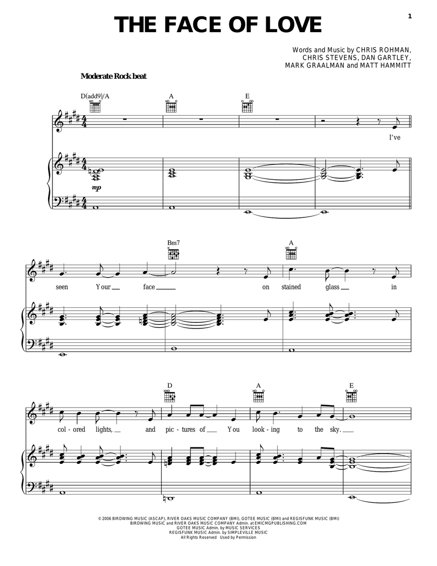 The Face Of Love Piano, Vocal, Guitar scores gallery preview page 1