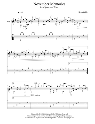 Book cover for "November Memories" for solo classical fingerstyle guitar (+TAB)