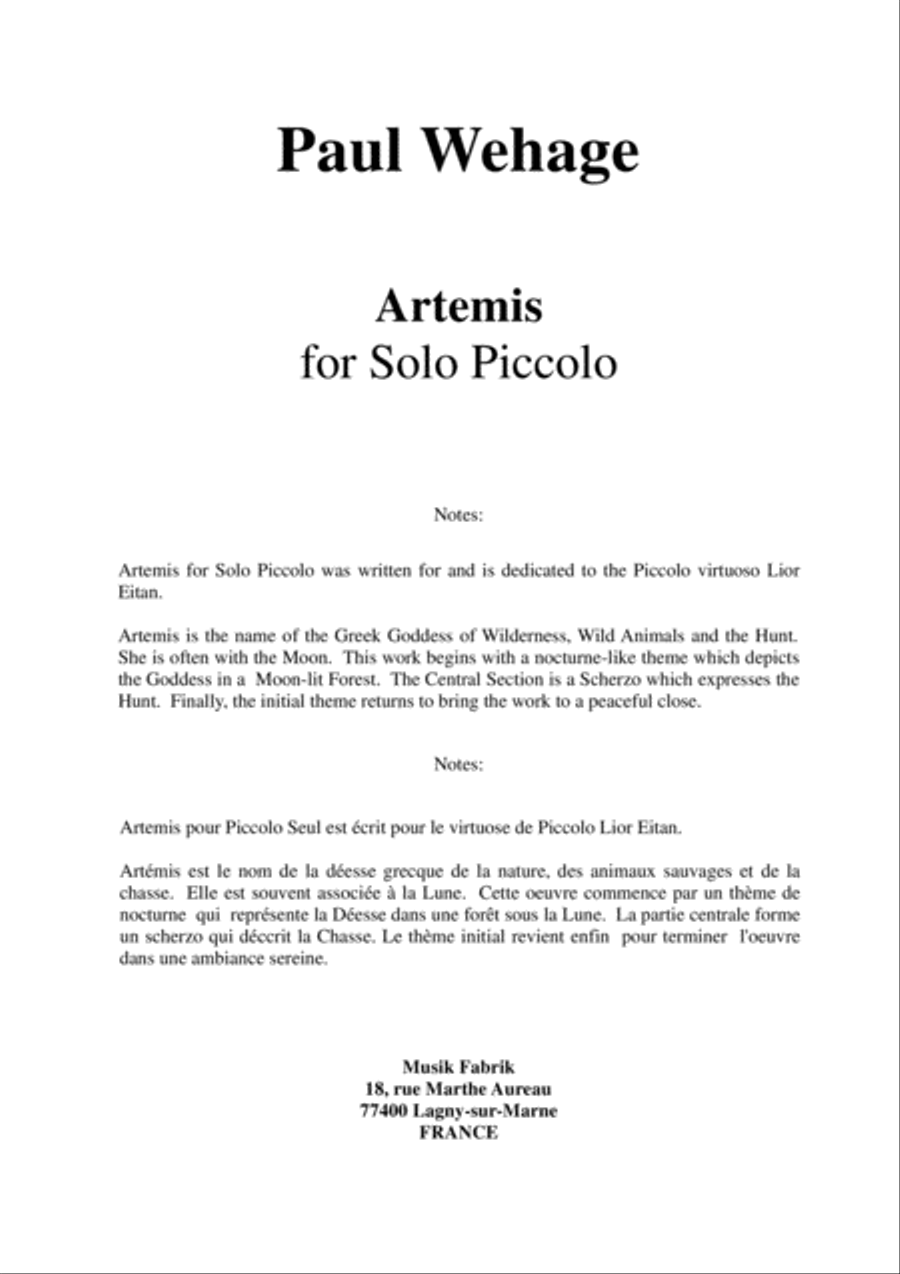 Paul Wehage: Artemis for solo piccolo Piccolo scores gallery preview page 1