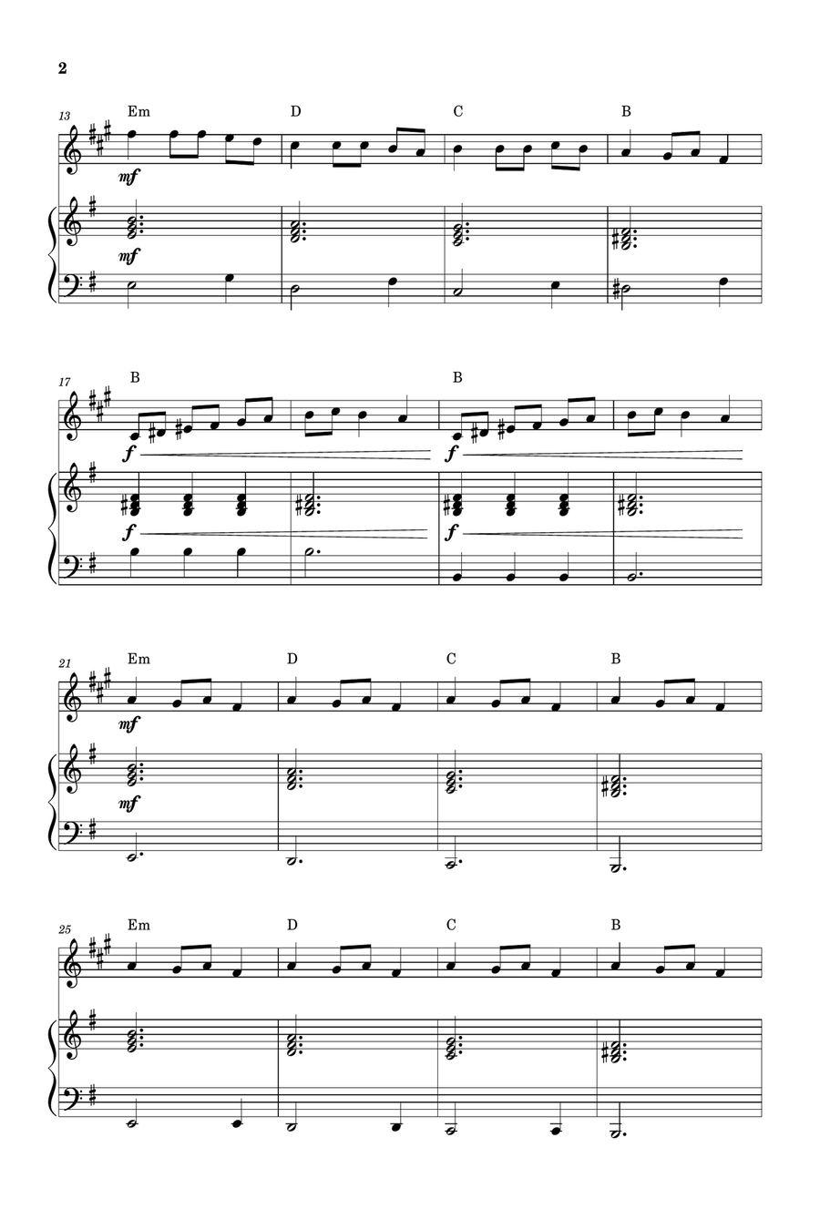 Carol of the Bells for Trumpet in Bb and Piano (Very Easy - Beginner) in E minor - With Chords B-Flat Trumpet scores gallery preview page 2