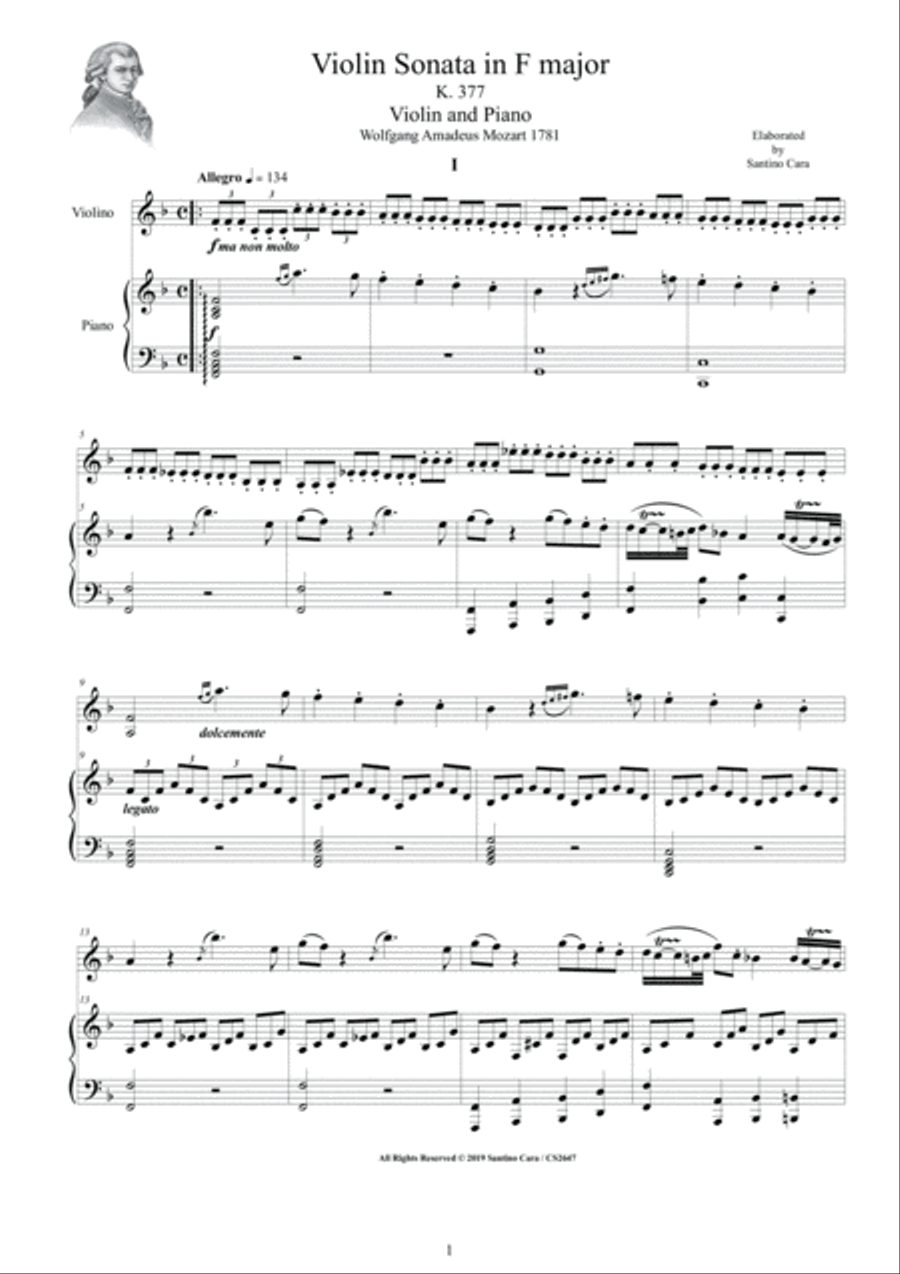 Mozart - Violin Sonata No.25 in F major K 377 for Violin and Piano - Score and Part Violin Solo scores gallery preview page 1