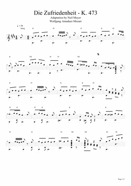 W.A Mozart - Die Zufriedenheit - K. 473 For Guitar (Standard Notation)