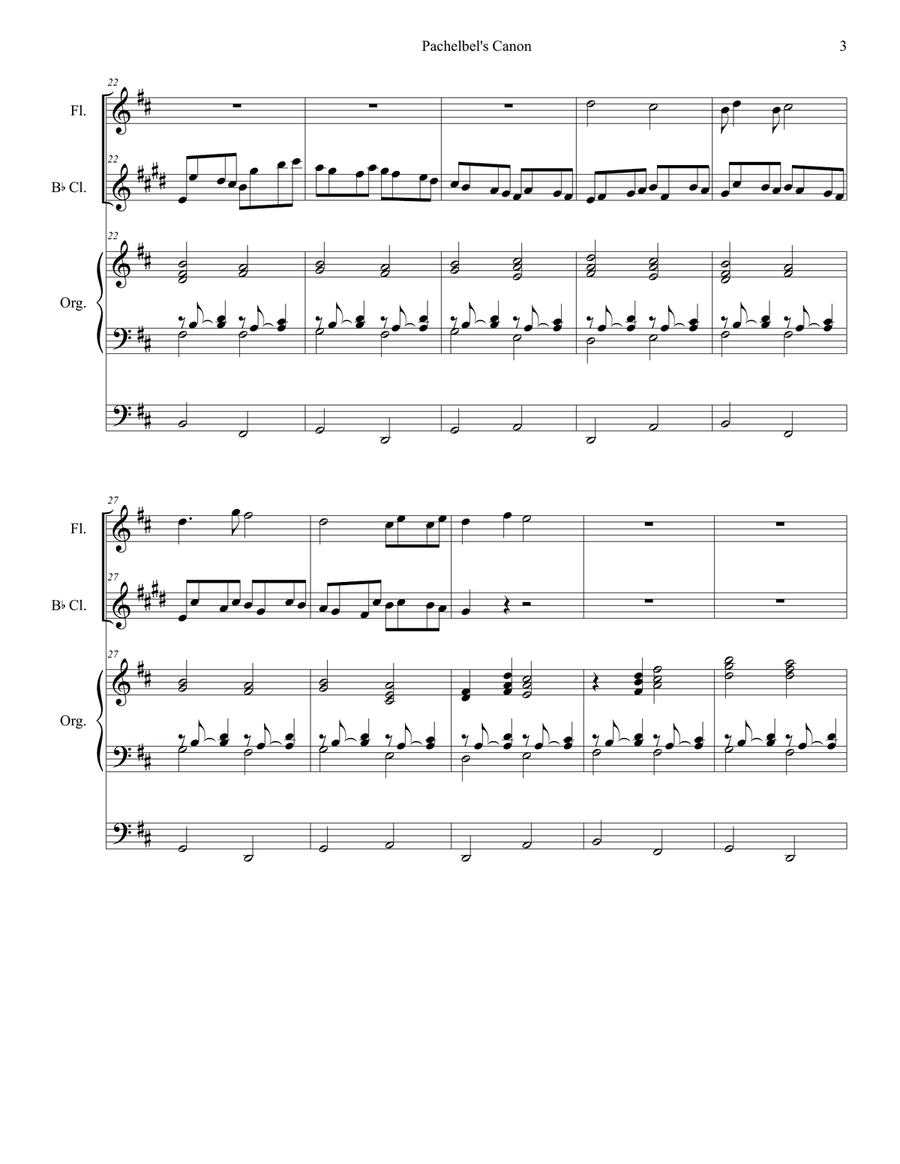 Pachelbel's Canon (Wedding Arrangement: Duet for Flute and Bb-Clarinet with Organ Accompaniment) Woodwind Duet scores gallery preview page 4