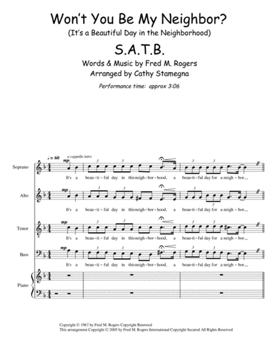 Won't You Be My Neighbor? - it's A Beautiful Day In The Neighborhood (SATB, Chords, Piano Acc.) image number null
