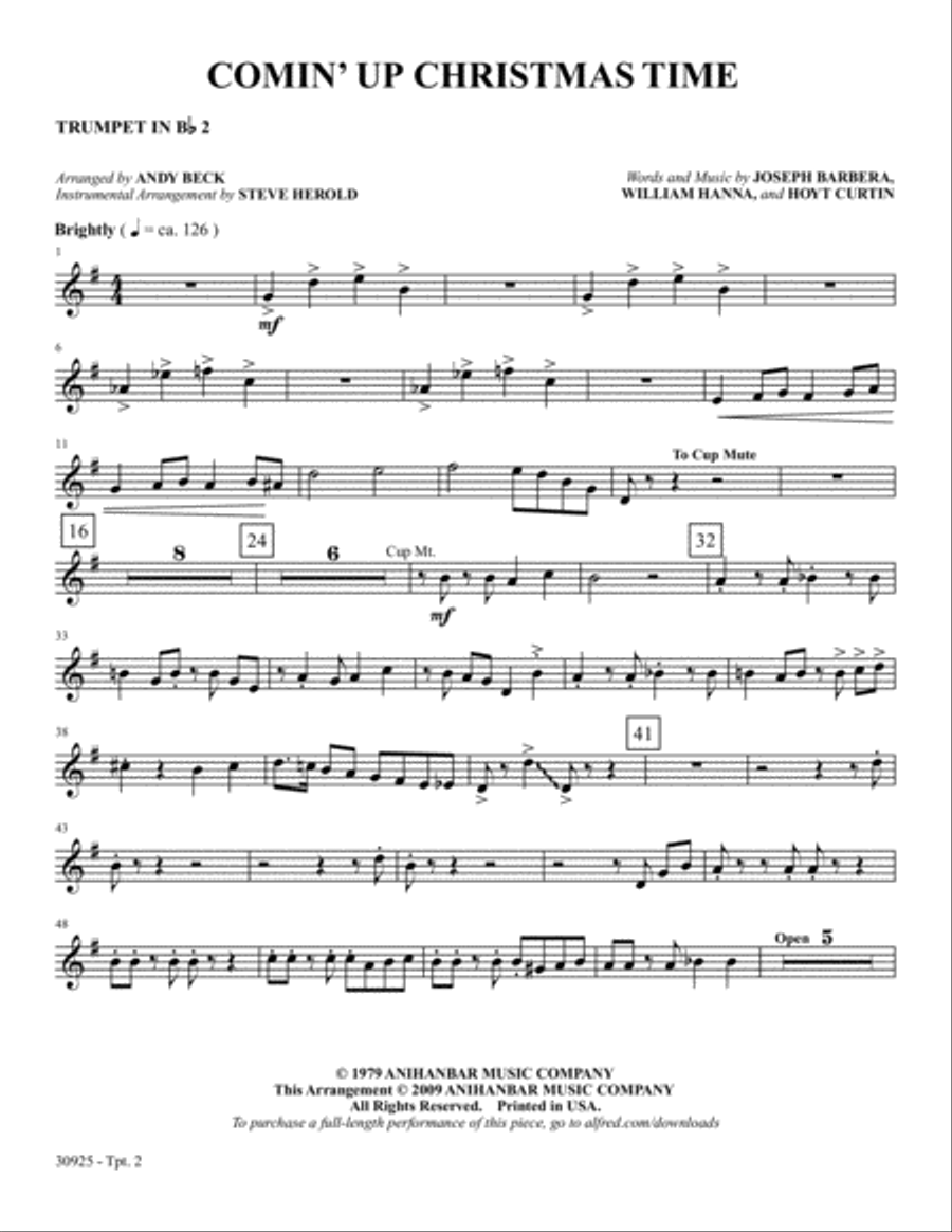 Comin' Up Christmas Time: 2nd B-flat Trumpet B-Flat Trumpet scores gallery preview page 1