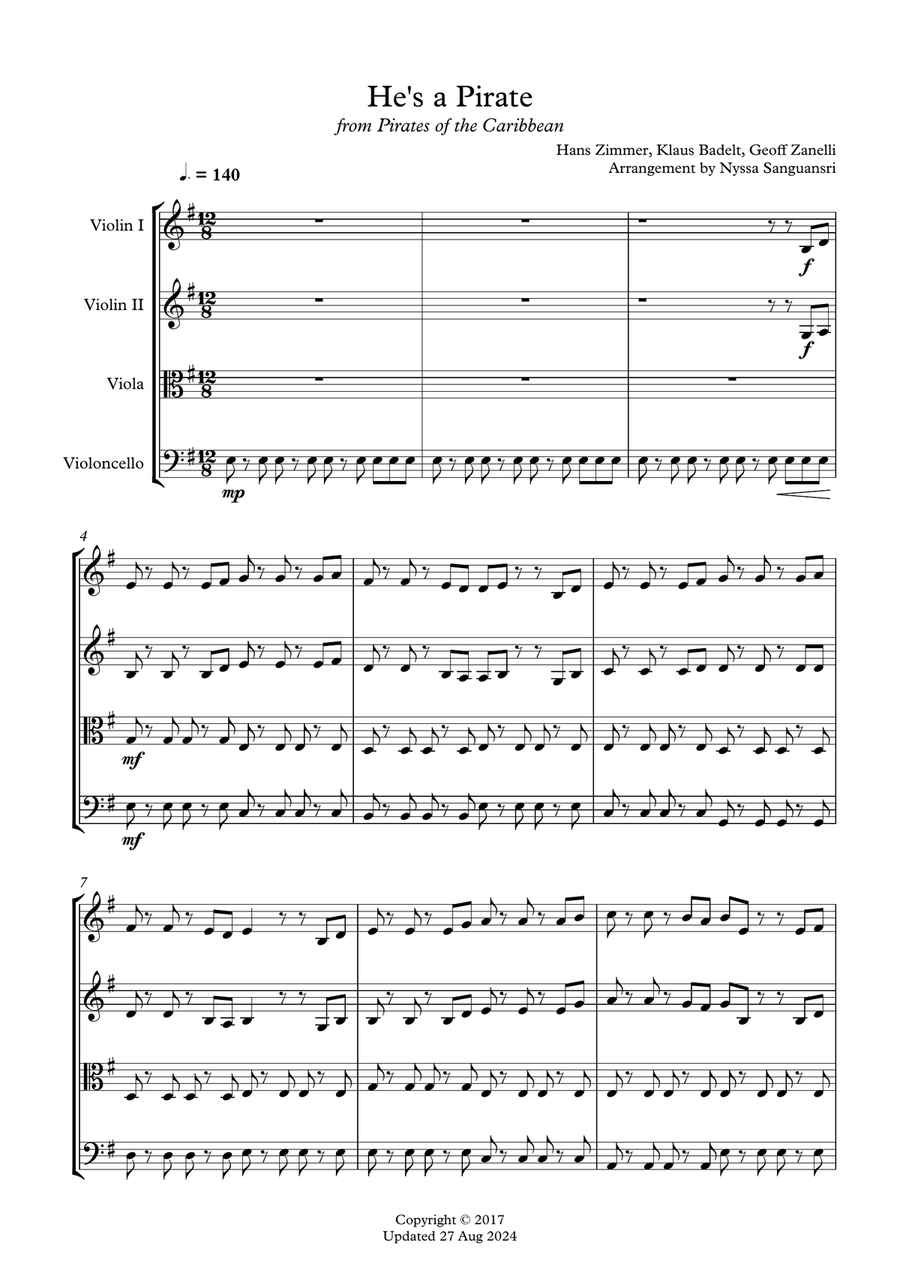 He's A Pirate String Quartet scores gallery preview page 1