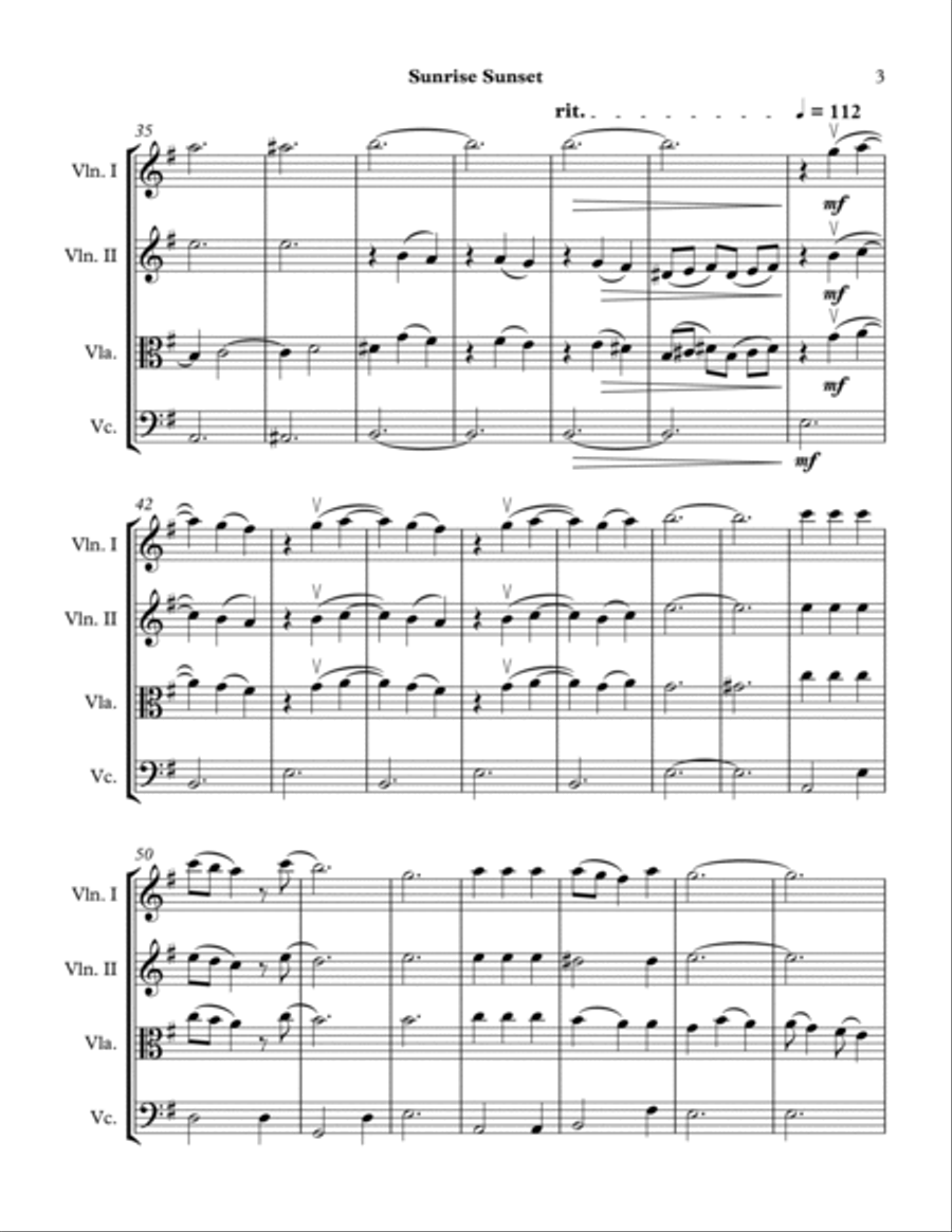 Sunrise, Sunset String Quartet scores gallery preview page 3