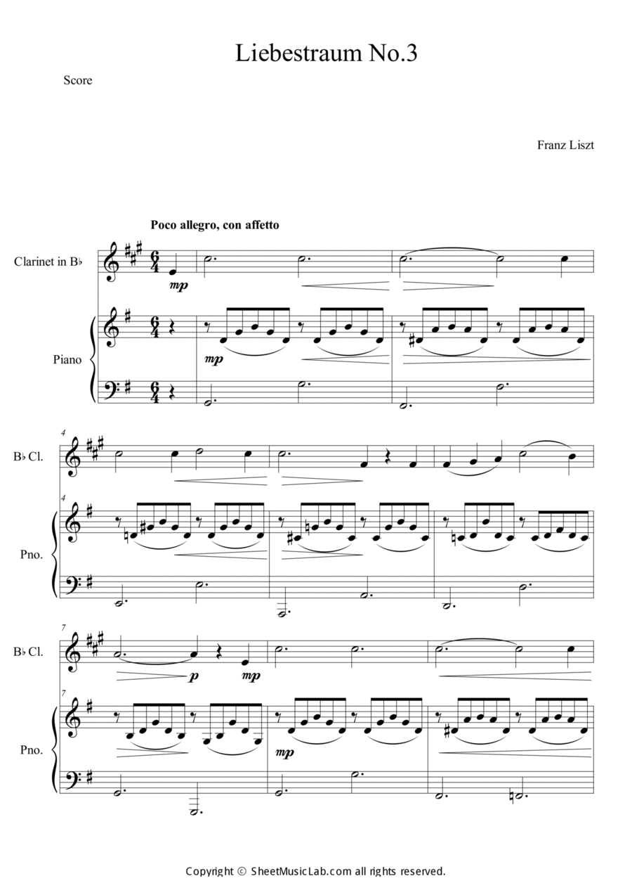 Liebestraum, S.541 No.3 in G Clarinet Solo scores gallery preview page 1