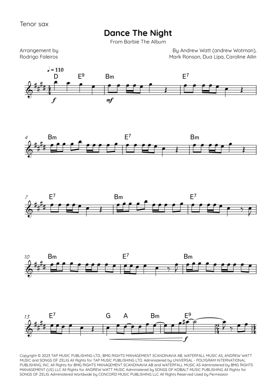 Dance The Night Tenor Saxophone scores gallery preview page 1