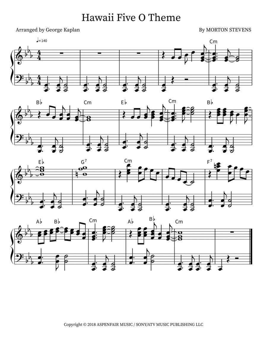 Hawaii Five O Theme Piano scores gallery preview page 1