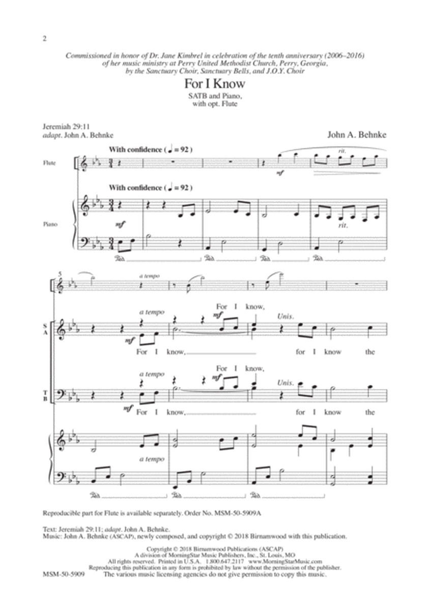 For I Know (Downloadable Choral Score)