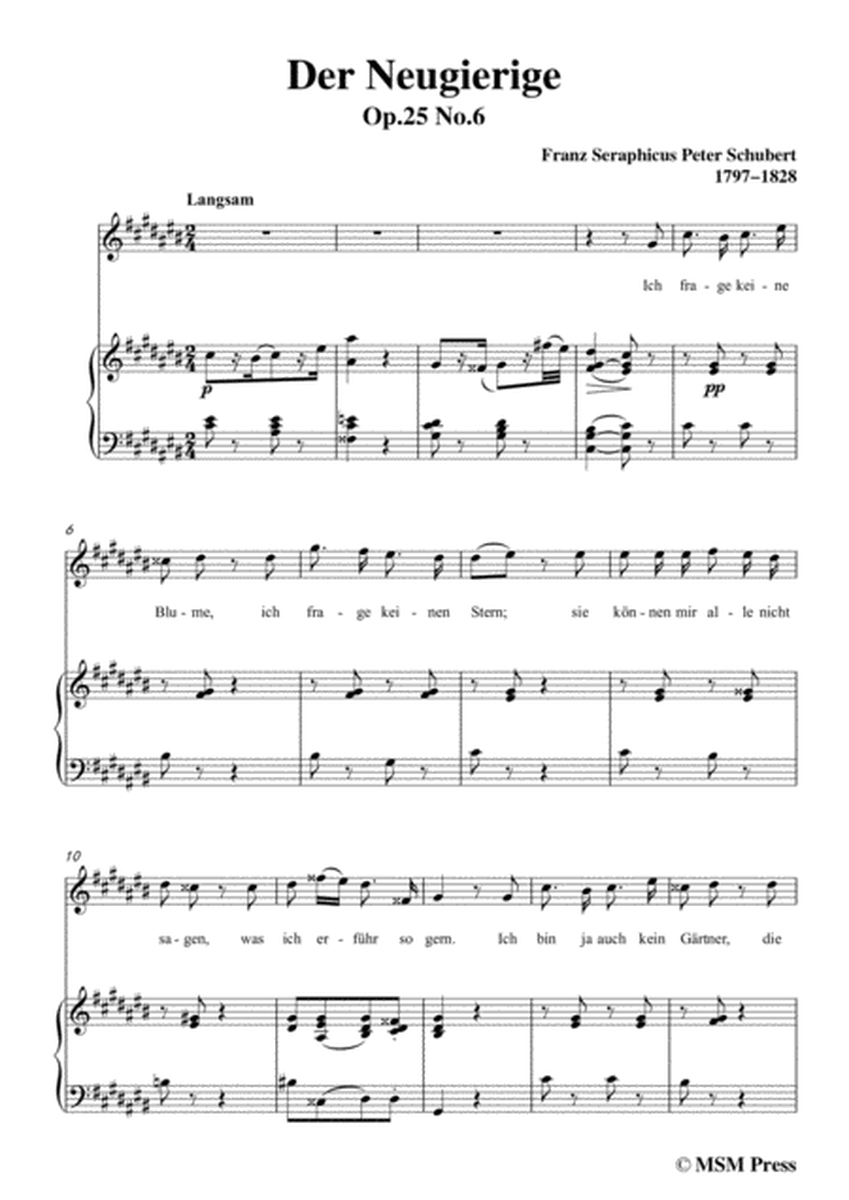 Schubert-Der Neugierige,from 'Die Schöne Müllerin',Op.25 No.6,in C sharp Major,for Voice&Piano image number null