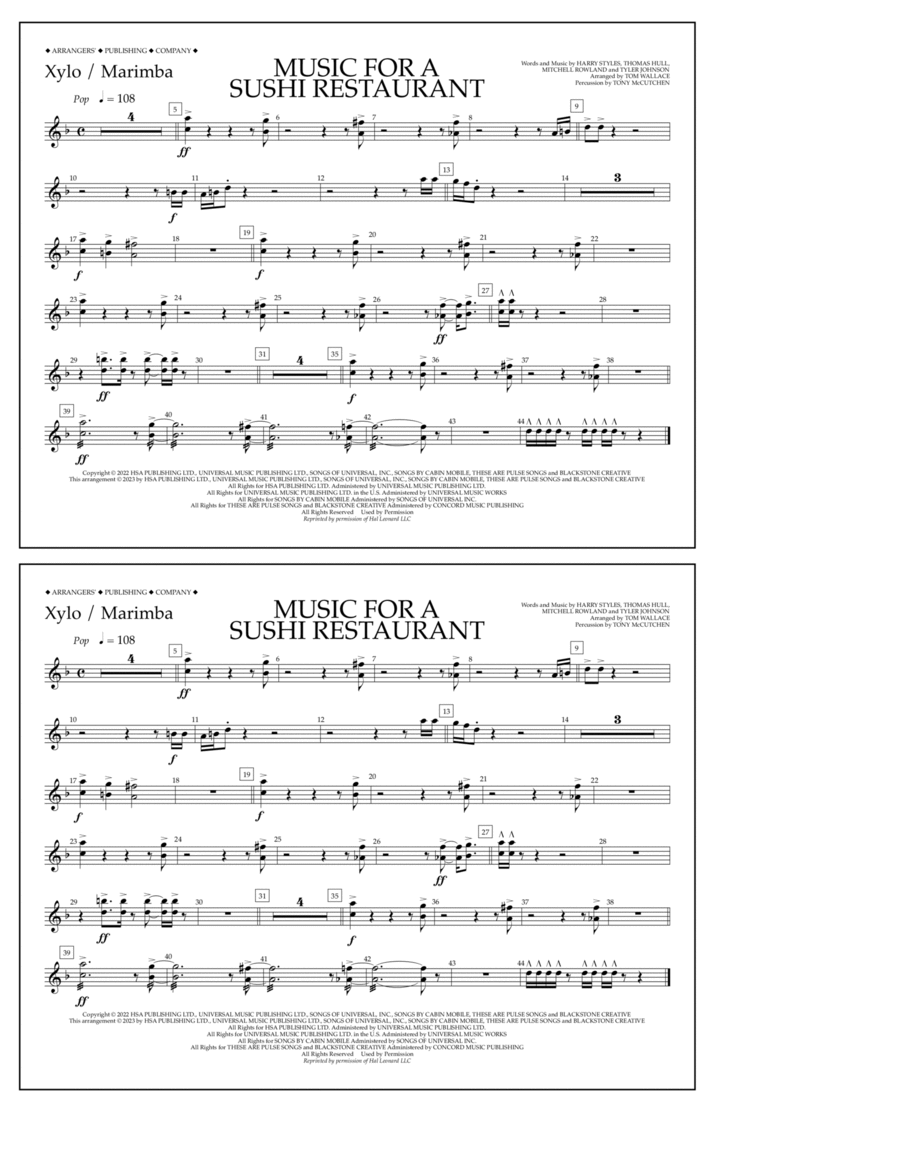 Music For A Sushi Restaurant (arr. Tom Wallace) - Xylophone/Marimba Marching Band scores gallery preview page 1