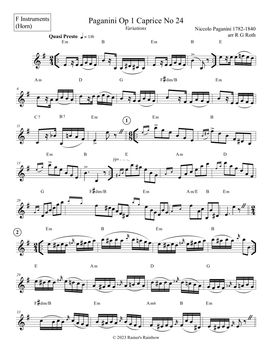 Paganini Op 1 Caprice No 24 Variations For Solo English Horn or Oboe