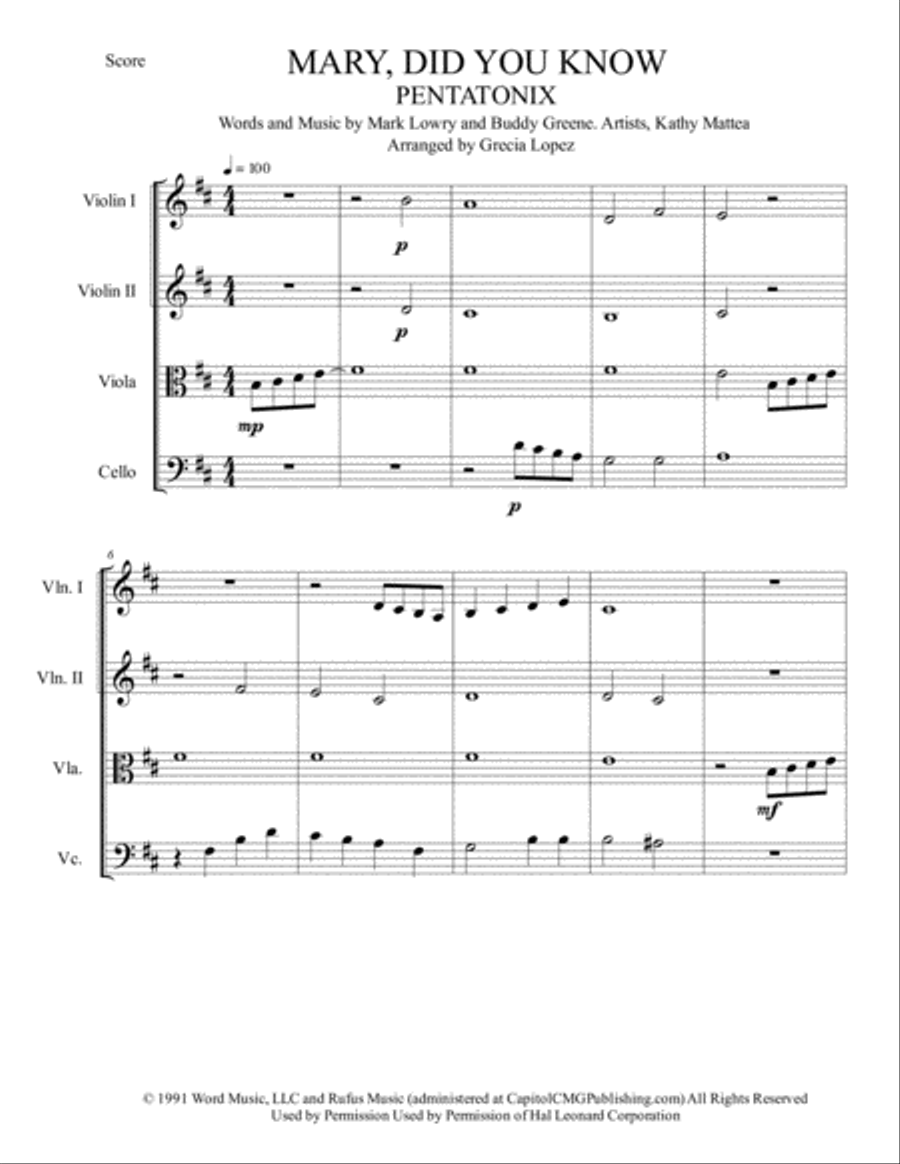 Mary, Did You Know? Mary, Did You Know? String Quartet scores gallery preview page 1