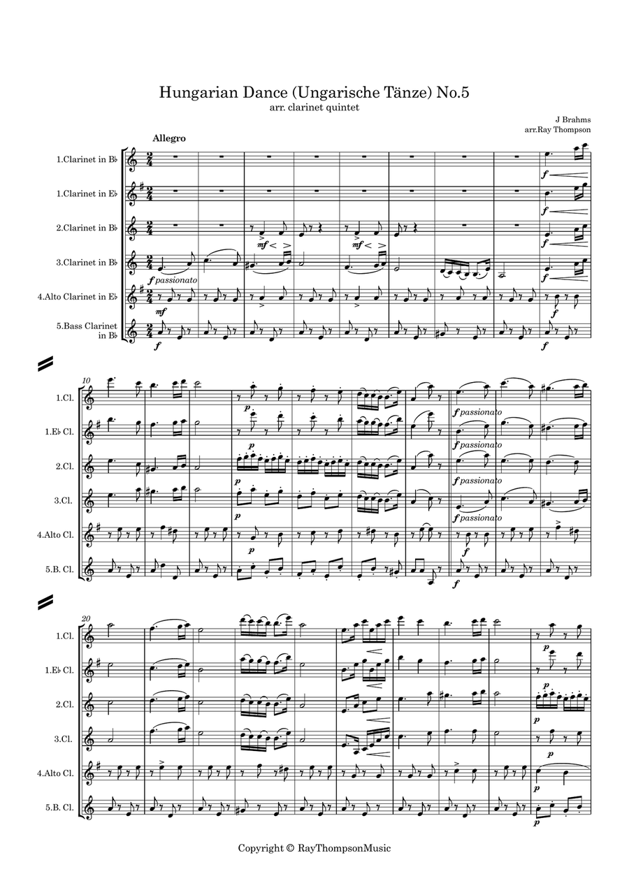 Brahms: Hungarian Dance (Ungarische Tänze) WoO1 No.5 - clarinet quintet Clarinet Quintet scores gallery preview page 2