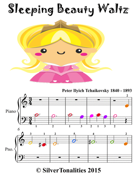 Sleeping Beauty Waltz Beginner Piano Sheet Music with Colored Notation