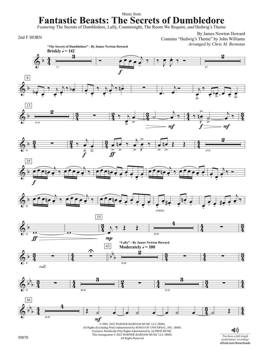 Fantastic Beasts: The Secrets of Dumbledore: 2nd F Horn Concert Band scores gallery preview page 1