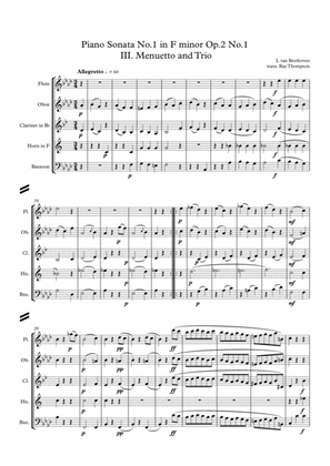 Book cover for Beethoven: Piano Sonata No.1 in F minor Op.2 No.1 Mvt.III Menuetto and Trio - wind quintet