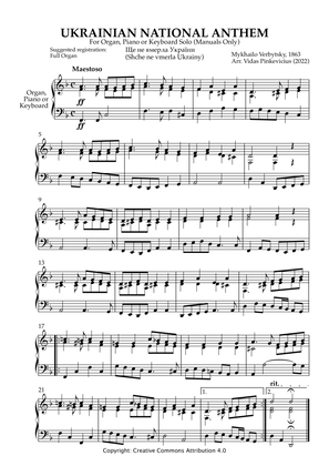 Ukrainian National Anthem for Piano, Keyboard or Organ Manuals Only