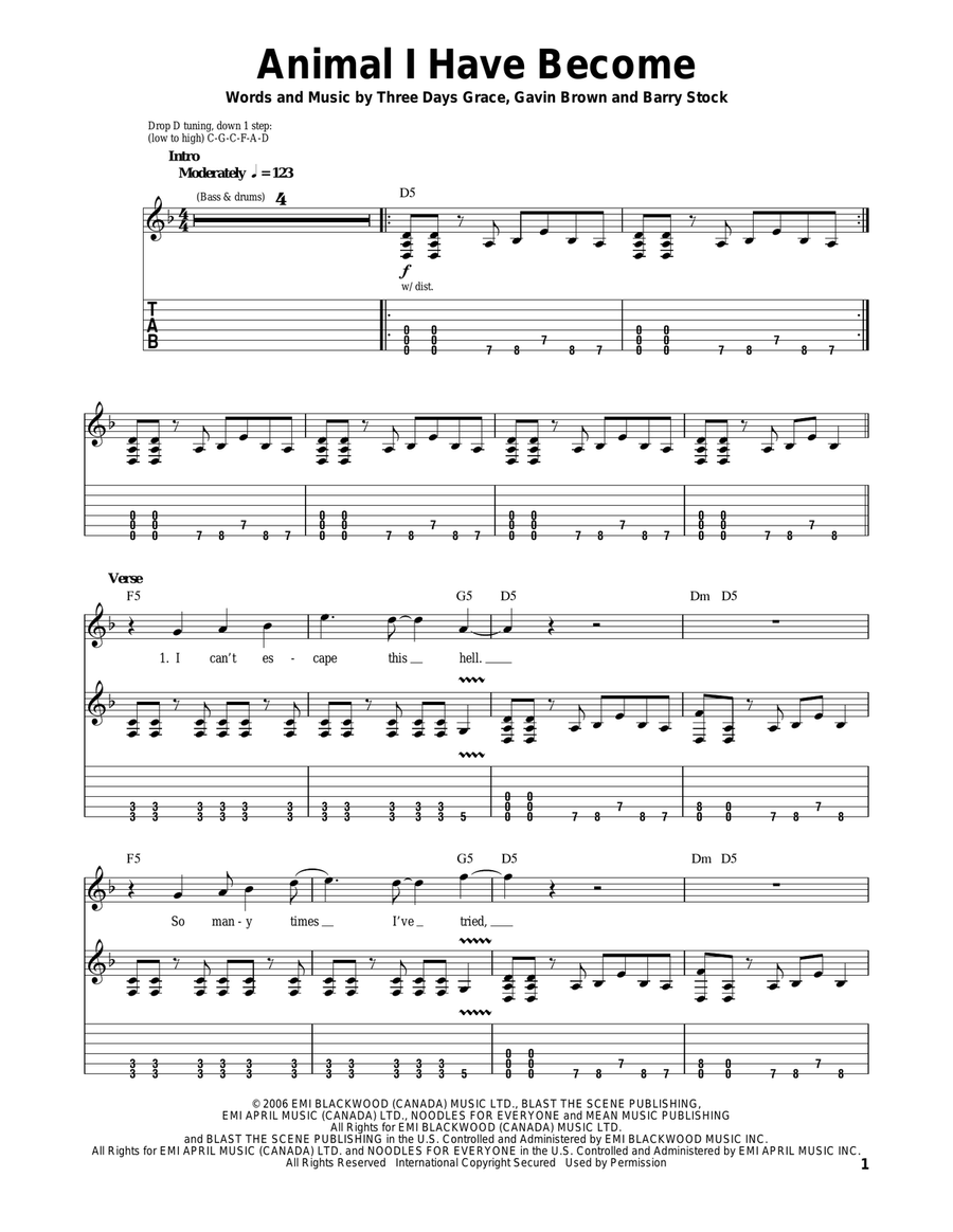Animal I Have Become Guitar Tablature scores gallery preview page 1