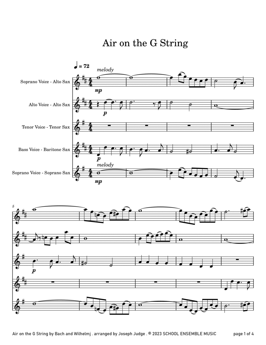 Air by Bach for Saxophone Quartet in Schools Saxophone Quartet scores gallery preview page 1