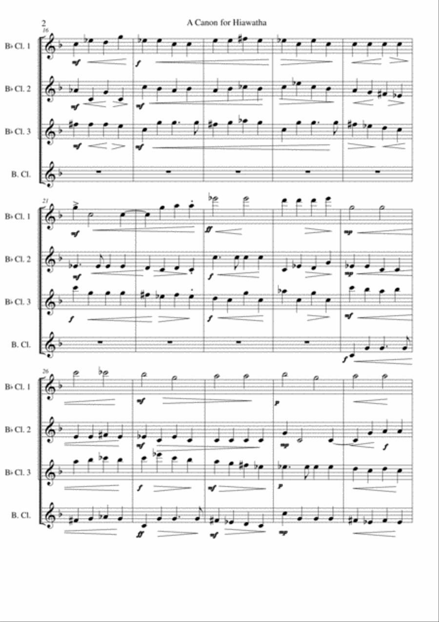 Hiawatha (A Canon for Hiawatha) for clarinet quartet (3 clarinets, 1 bass clarinet) Clarinet Quartet scores gallery preview page 2