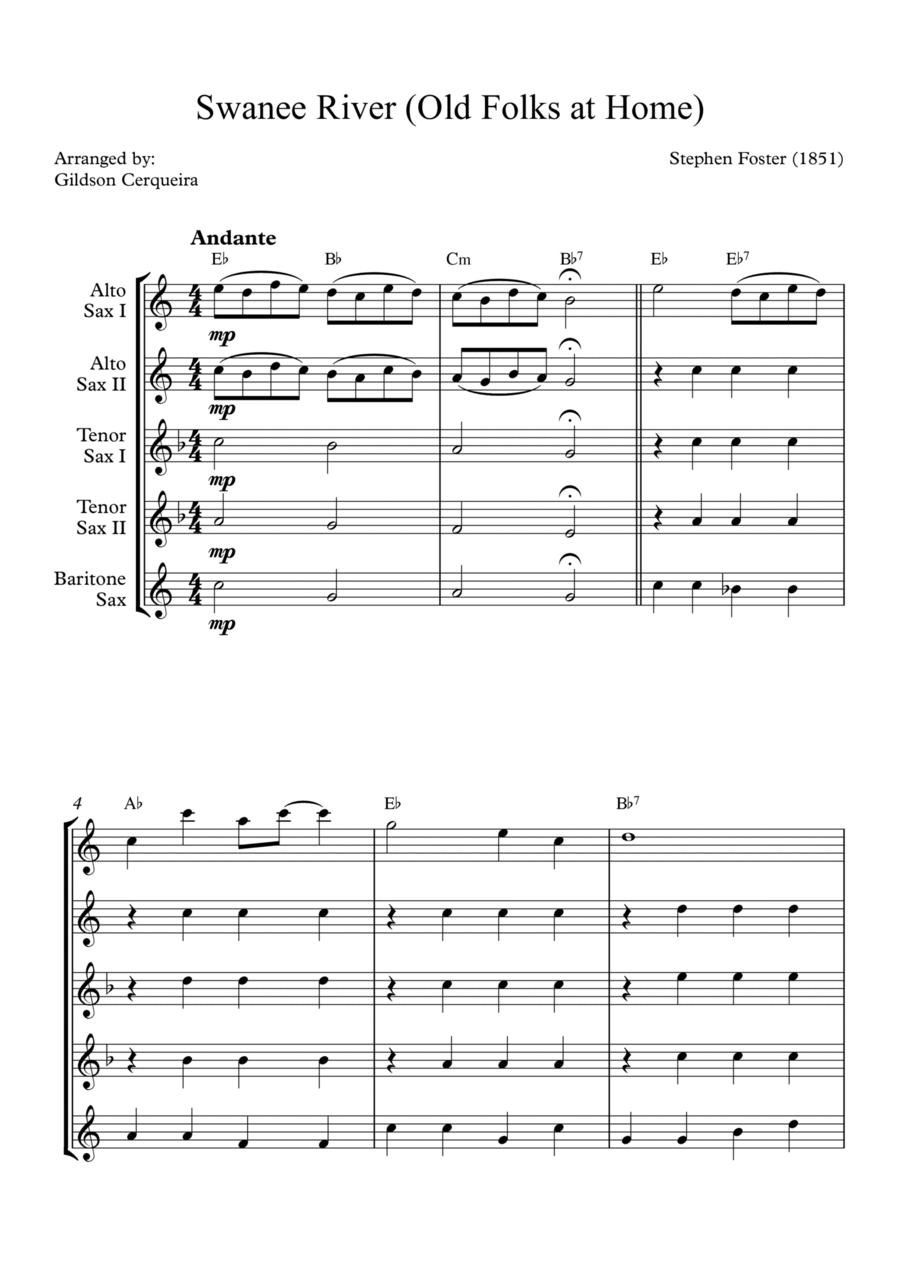 Swanee River (Old Folks at Home) Saxophone Quintet scores gallery preview page 1