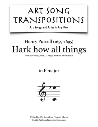Book cover for PURCELL: Hark how all things (transposed to F major)