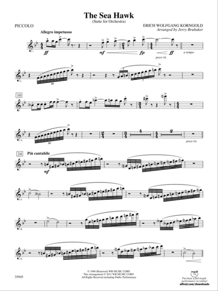 The Sea Hawk: Piccolo Full Orchestra scores gallery preview page 1