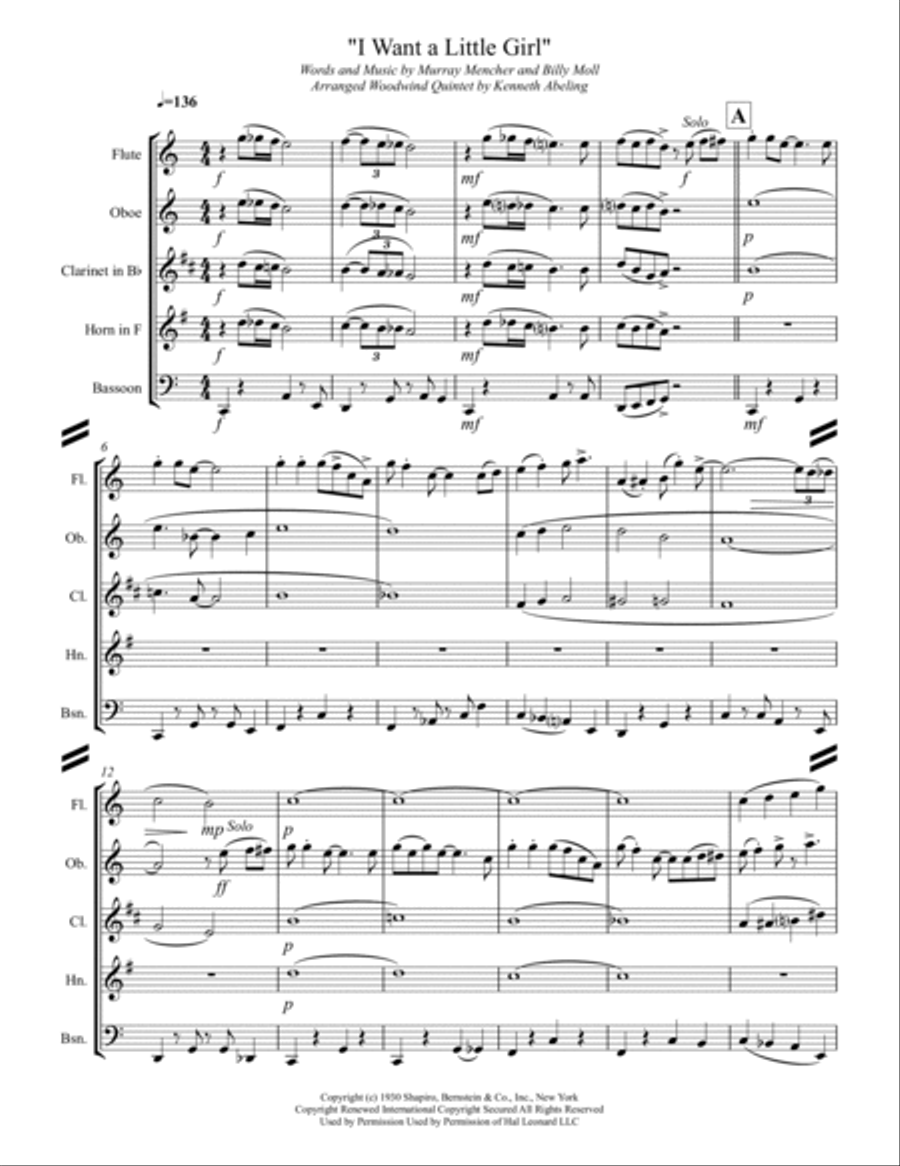 I Want A Little Girl Woodwind Quintet scores gallery preview page 2