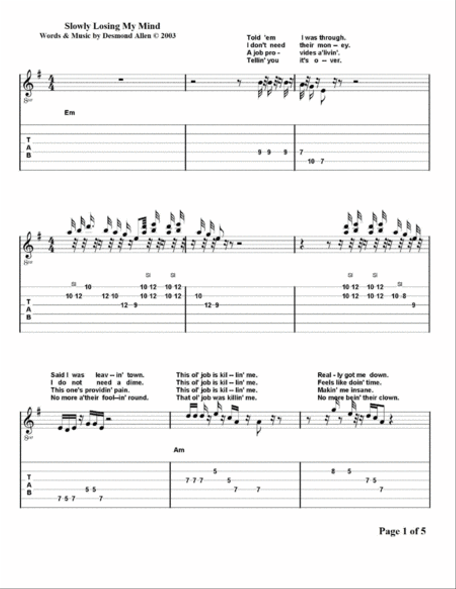 Slowly Losing My Mind by Desmond Allen Guitar scores gallery preview page 1