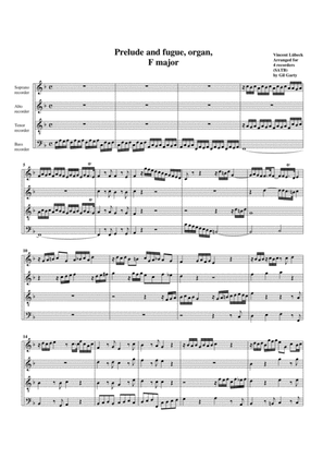 Book cover for Prelude and fugue in F major (arrangement for 4 recorders)