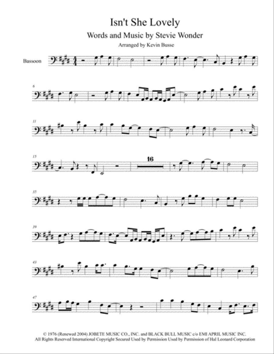 Isn't She Lovely Bassoon Solo scores gallery preview page 1
