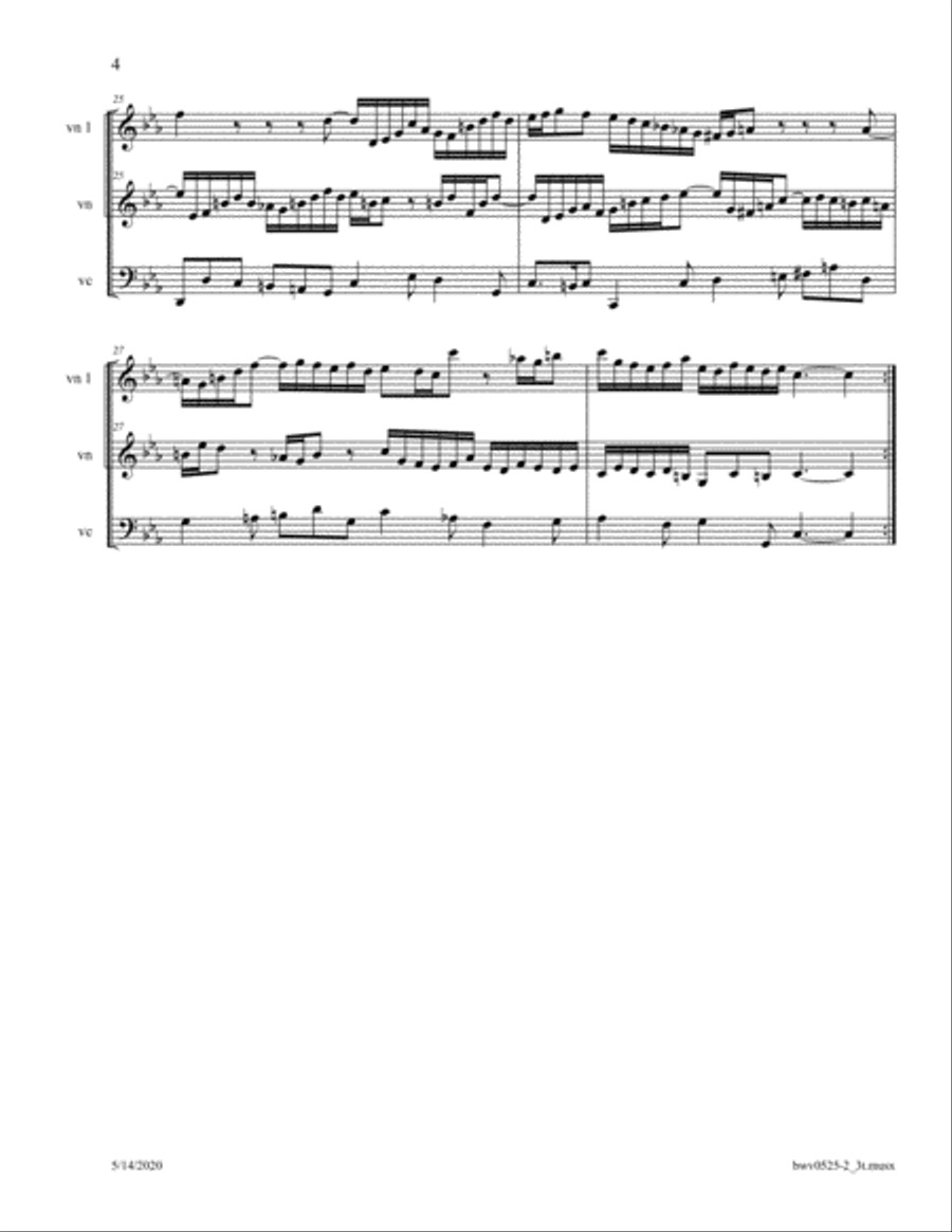 Bach: Organ Triosonata No 1 (BWV 525) Mvt 2 arr. for 2 Violins and Cello String Duet scores gallery preview page 4