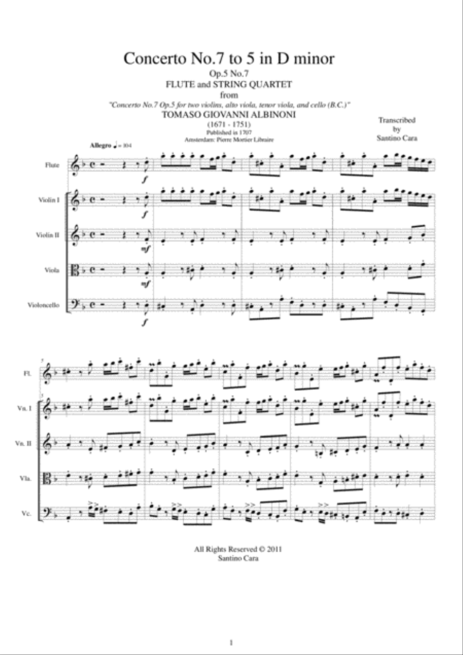 Albinoni - Concerto No.7 to 5 in D minor Op.5 for Flute and String Quartet Chamber Orchestra scores gallery preview page 1
