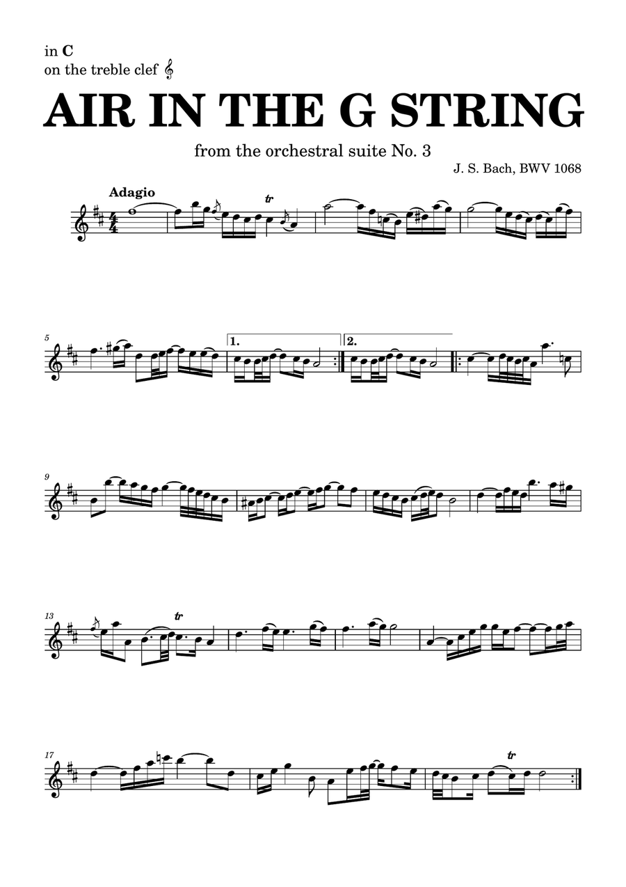 Air on the G string in D, BWV 1068 (accompanied) - for C instruments in treble clef Large Ensemble scores gallery preview page 1
