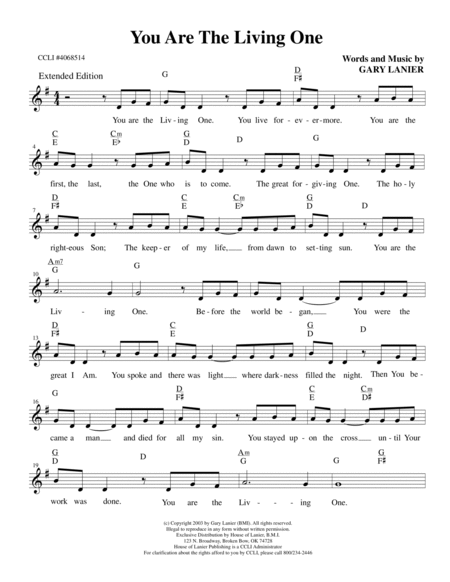 YOU ARE THE LIVING ONE, Worship Lead Sheet (Includes Melody, Lyrics & Guitar Chords) image number null