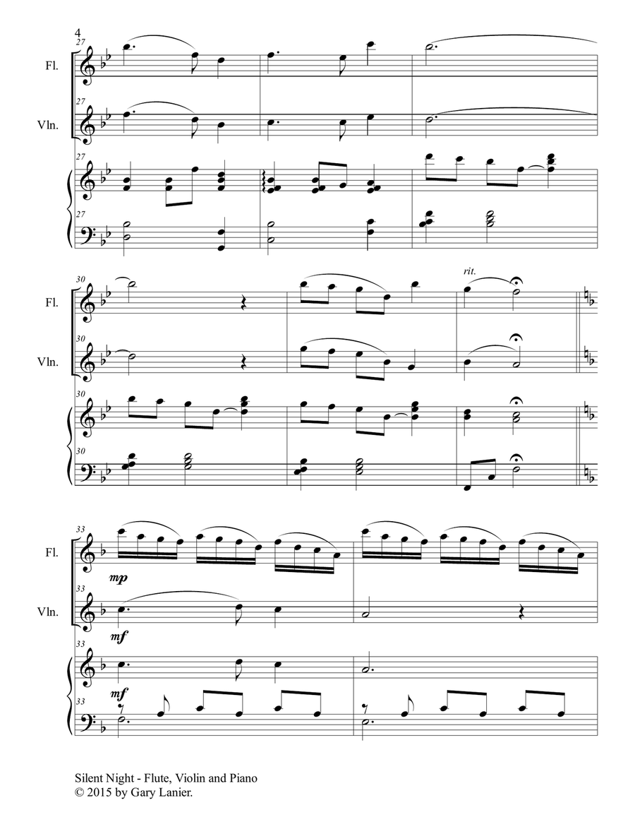Gary Lanier: SILENT NIGHT (Trio – Flute, Violin & Piano with Score & Parts) Small Ensemble scores gallery preview page 5