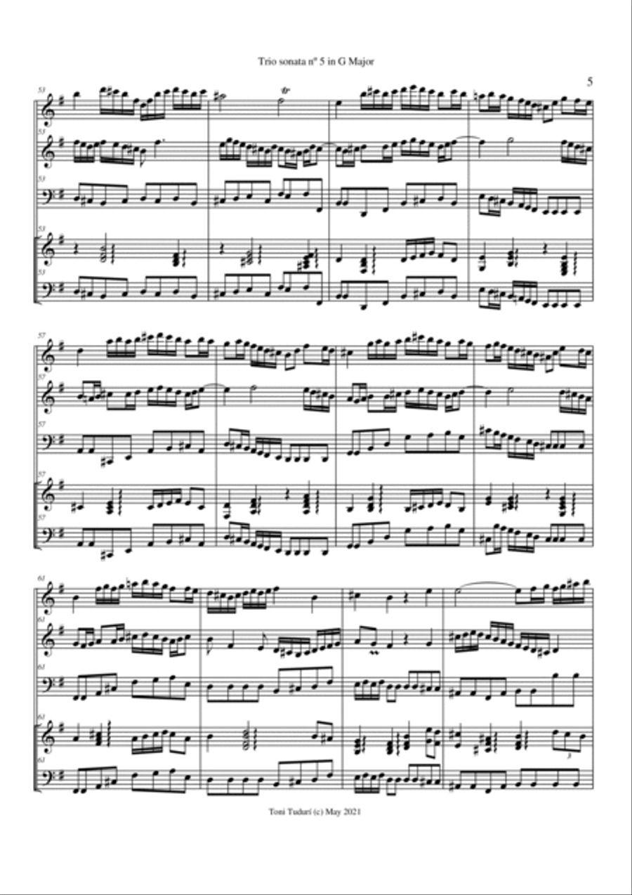 Trio sonata nº5 in G Major for flute, violin & cello or 2 violins & cello and basso continuo (SCORE image number null