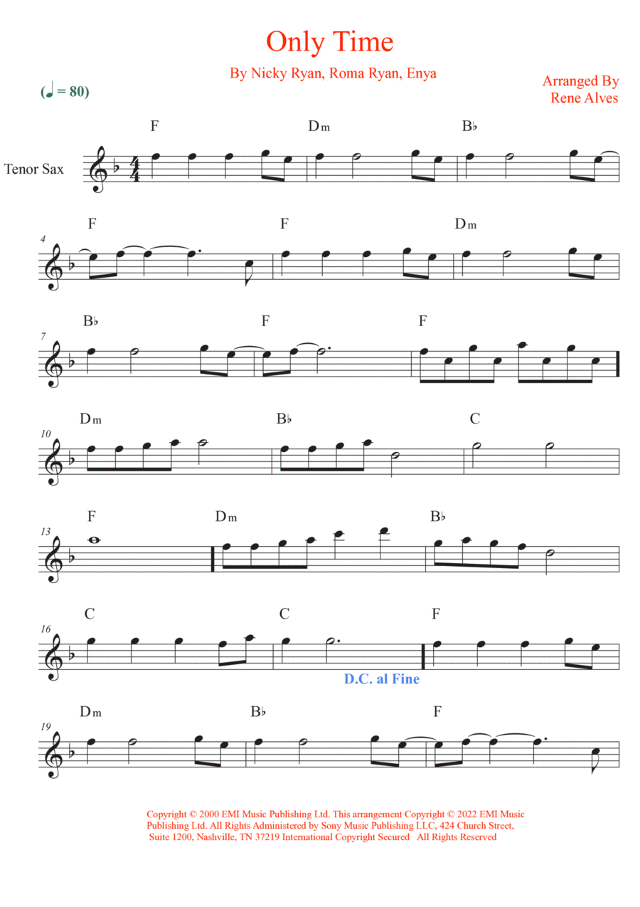 Only Time Tenor Saxophone scores gallery preview page 1