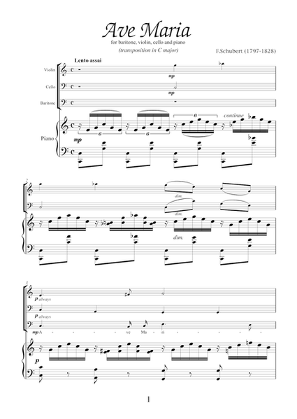 Ave Maria by Franz Schubert, arrangement for baritone and piano trio