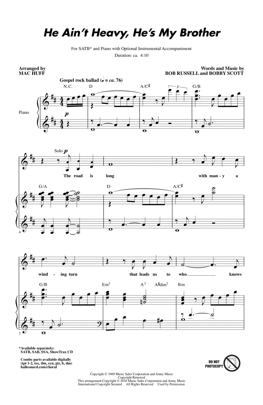 He Ain't Heavy, He's My Brother 4-Part scores gallery preview page 1