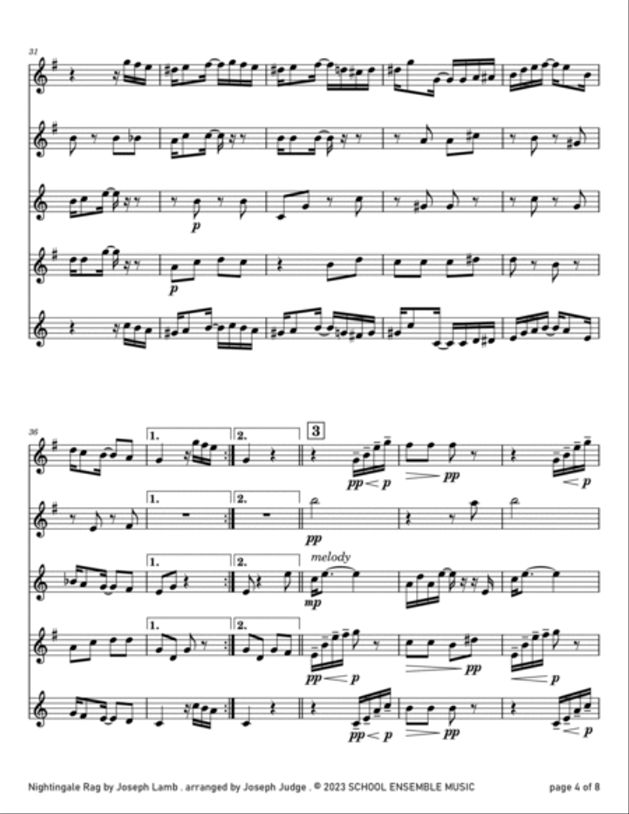Nightingale Rag by Joseph Lamb for Saxophone Quartet in Schools Saxophone Quartet scores gallery preview page 4
